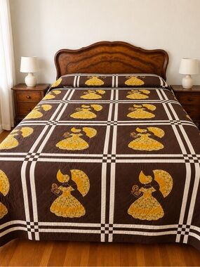 Vintage Folk Art Appliqué Quilt Prairie Girls Parasol Handmade Bedspread